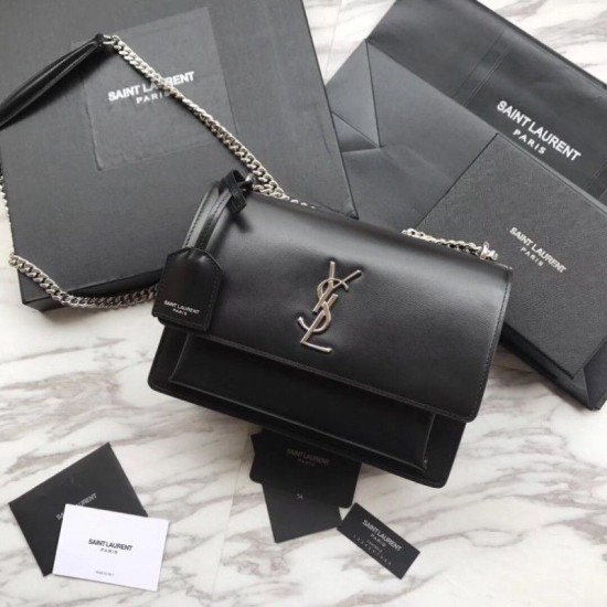 Replica YSL Saint Laurent Medium Sunset Bag Smooth Leather Black Silver Hardware