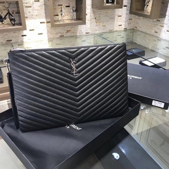 Fake Saint Laurent Clutch Bag Black with Silver Hardware Replica