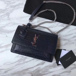 Replica YSL Saint Laurent Medium Sunset Bag In Crocodile Embossed Shiny Leather Dark Blue
