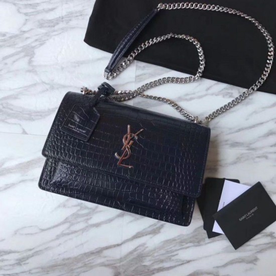Replica YSL Saint Laurent Medium Sunset Bag In Crocodile Embossed Shiny Leather Dark Blue