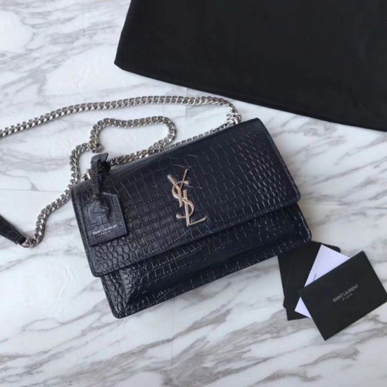 Replica YSL Saint Laurent Medium Sunset Bag In Crocodile Embossed Shiny Leather Dark Blue