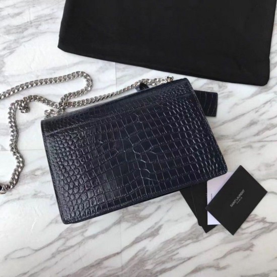 Replica YSL Saint Laurent Medium Sunset Bag In Crocodile Embossed Shiny Leather Dark Blue