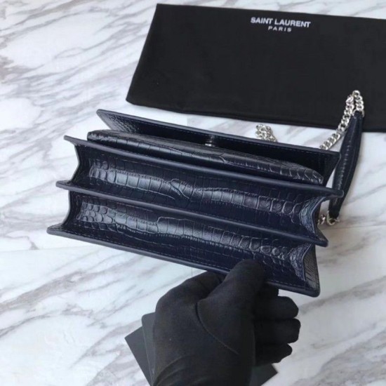 Replica YSL Saint Laurent Medium Sunset Bag In Crocodile Embossed Shiny Leather Dark Blue