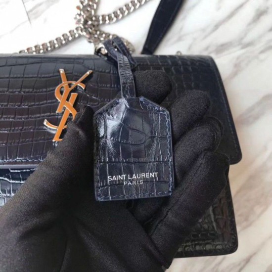 Replica YSL Saint Laurent Medium Sunset Bag In Crocodile Embossed Shiny Leather Dark Blue