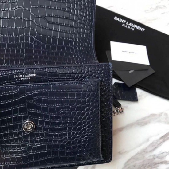 Replica YSL Saint Laurent Medium Sunset Bag In Crocodile Embossed Shiny Leather Dark Blue