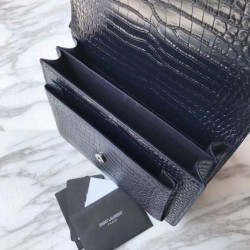 Replica YSL Saint Laurent Medium Sunset Bag In Crocodile Embossed Shiny Leather Dark Blue