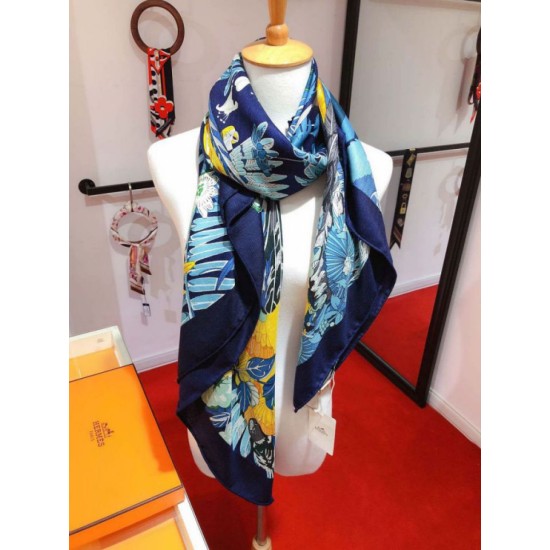 Fake Hermes Landscape Cashmere Silk Shawl 140 Blue Replica