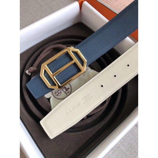 Replica Hermes Pad Reversible Belt Blue/White Epsom Leather