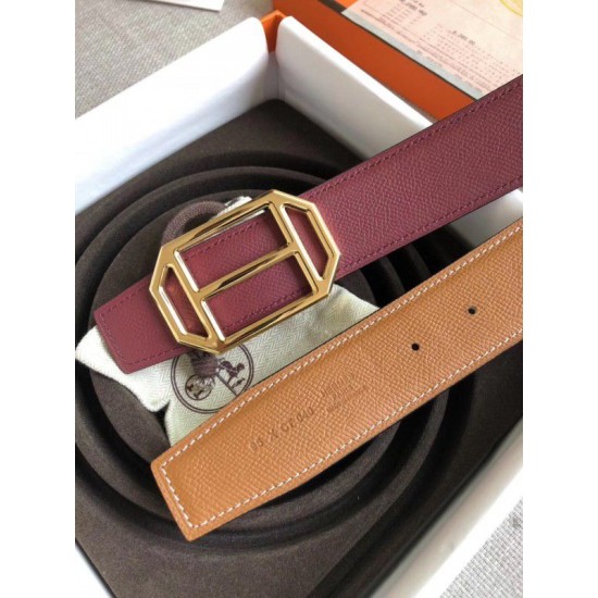 Replica Hermes Pad Reversible Belt Ruby/Brown Epsom Leather
