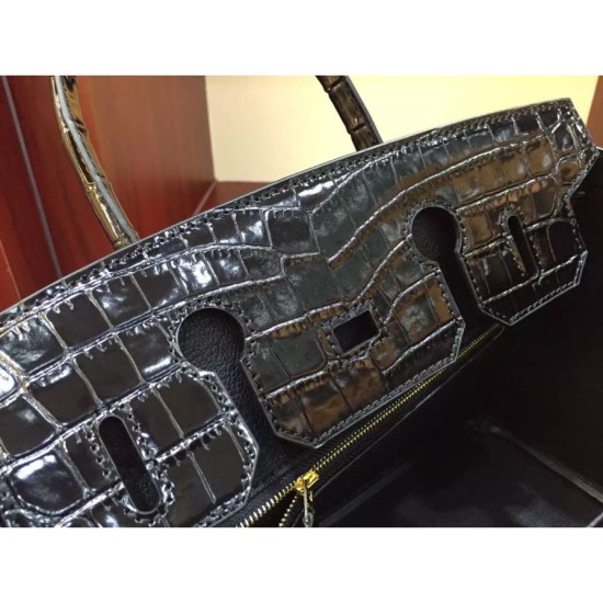 Replica Hermes Birkin 30cm 35cm Bag In Black Crocodile Leather