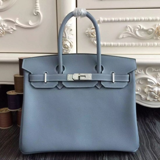 Fake Hermes Birkin 30cm 35cm Bag In Blue Lin Clemence Leather Replica