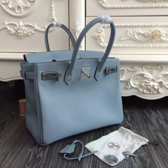 Fake Hermes Birkin 30cm 35cm Bag In Blue Lin Clemence Leather Replica