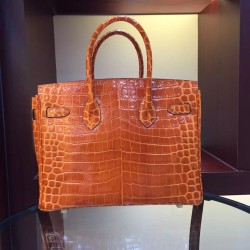 Fake Hermes Birkin 30cm 35cm Bag In Orange Crocodile Leather Replica