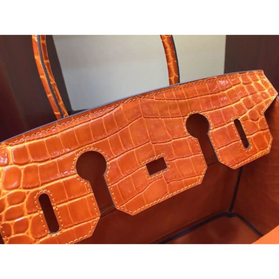 Fake Hermes Birkin 30cm 35cm Bag In Orange Crocodile Leather Replica