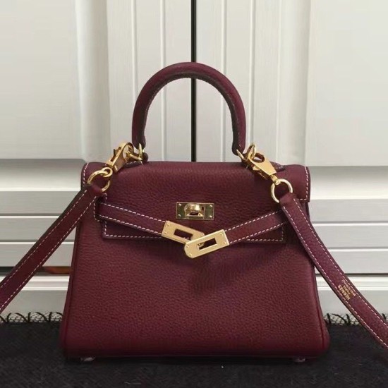 Fake Hermes Kelly 20cm Bag In Bordeaux Clemence Leather Replica
