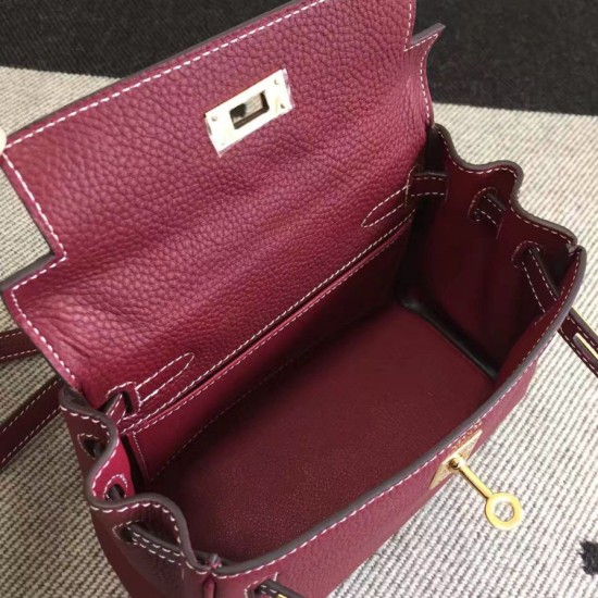 Fake Hermes Kelly 20cm Bag In Bordeaux Clemence Leather Replica