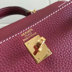 Fake Hermes Kelly 20cm Bag In Bordeaux Clemence Leather Replica