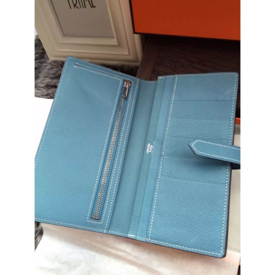 Fake Hermes Bearn Wallet In Blue Jean Epsom Leather Replica