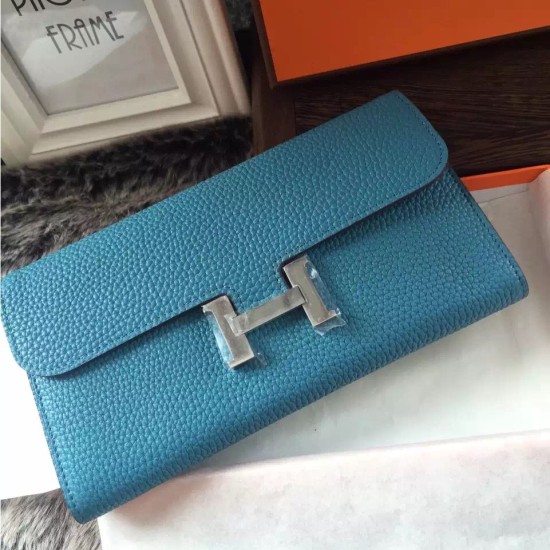 Replica Hermes Constance Long Wallet In Jean Blue Leather