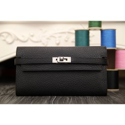 Replica Hermes Kelly Longue Wallet In Black Clemence Leather