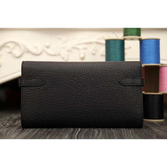 Replica Hermes Kelly Longue Wallet In Black Clemence Leather