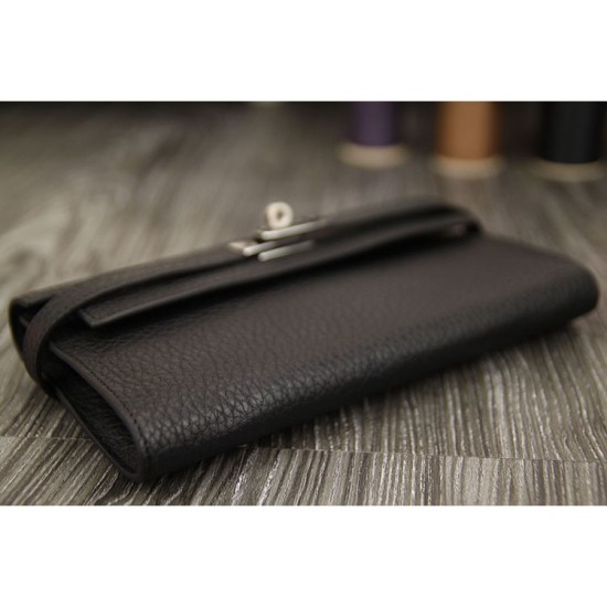 Replica Hermes Kelly Longue Wallet In Black Clemence Leather