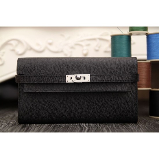 Replica Hermes Kelly Longue Wallet In Black Epsom Leather