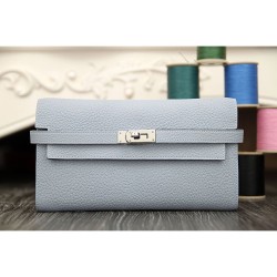 Replica Hermes Kelly Longue Wallet In Blue Lin Clemence Leather