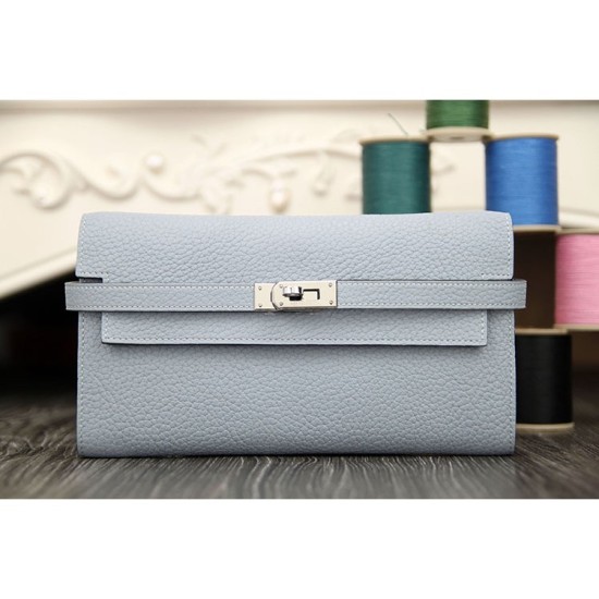 Replica Hermes Kelly Longue Wallet In Blue Lin Clemence Leather