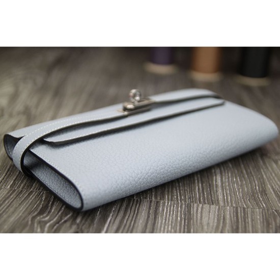Replica Hermes Kelly Longue Wallet In Blue Lin Clemence Leather