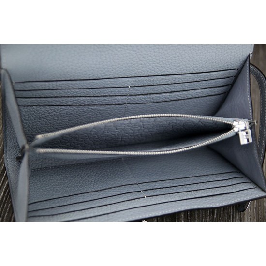 Replica Hermes Kelly Longue Wallet In Blue Lin Clemence Leather