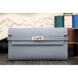 Fake Hermes Kelly Longue Wallet In Blue Lin Epsom Leather Replica