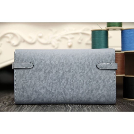 Fake Hermes Kelly Longue Wallet In Blue Lin Epsom Leather Replica