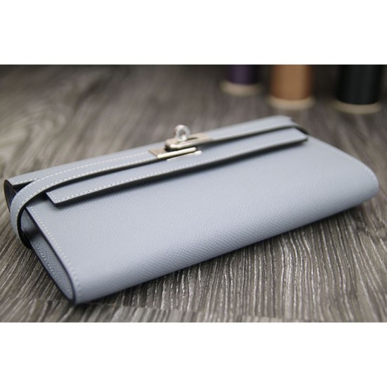 Fake Hermes Kelly Longue Wallet In Blue Lin Epsom Leather Replica
