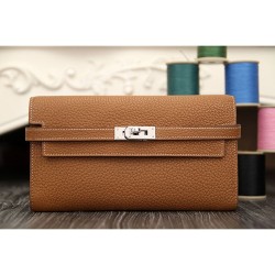 Fake Hermes Kelly Longue Wallet In Brown Clemence Leather Replica