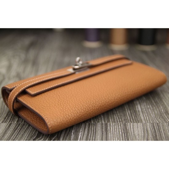 Fake Hermes Kelly Longue Wallet In Brown Clemence Leather Replica