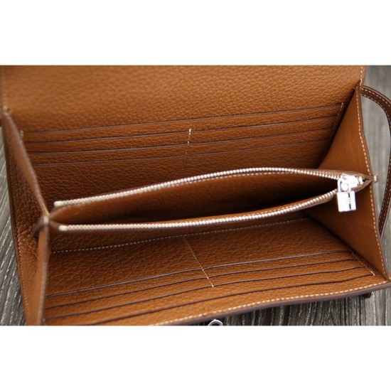 Fake Hermes Kelly Longue Wallet In Brown Clemence Leather Replica