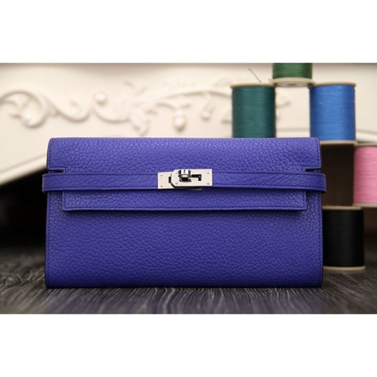 Replica Hermes Kelly Longue Wallet In Electric Blue Clemence Leather