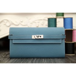 Replica Hermes Kelly Longue Wallet In Jean Blue Clemence Leather