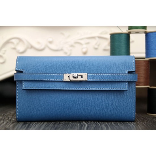 Replica Hermes Kelly Longue Wallet In Jean Blue Epsom Leather