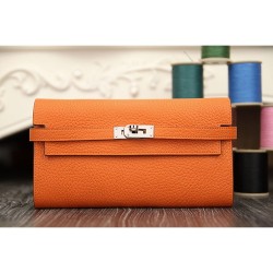 Replica Hermes Kelly Longue Wallet In Orange Clemence Leather