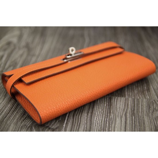 Replica Hermes Kelly Longue Wallet In Orange Clemence Leather