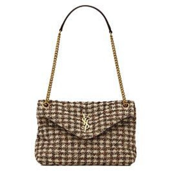 Replica YSL Saint Laurent Puffer Small Checkered Tweed And Lambskin Handbag Cream