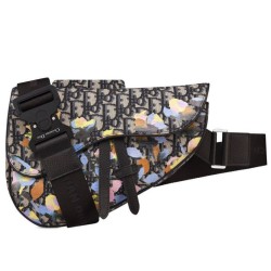 Fake Christian Dior Oblique Jacquard And Alex Foxton Print Saddle Bag Dark Blue Replica