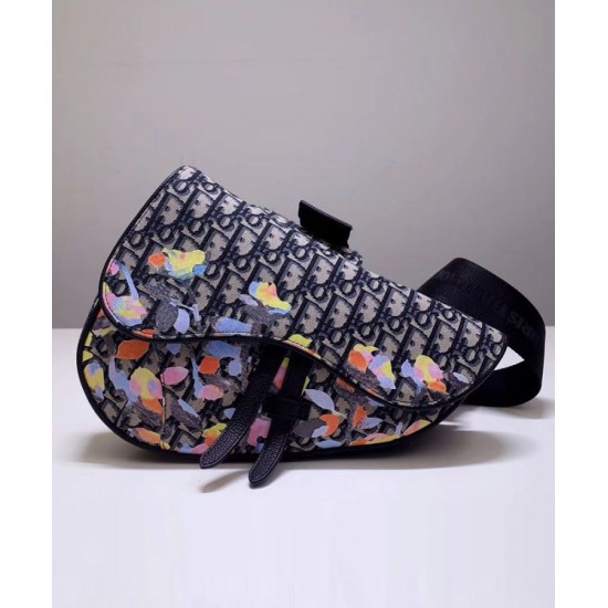 Fake Christian Dior Oblique Jacquard And Alex Foxton Print Saddle Bag Dark Blue Replica