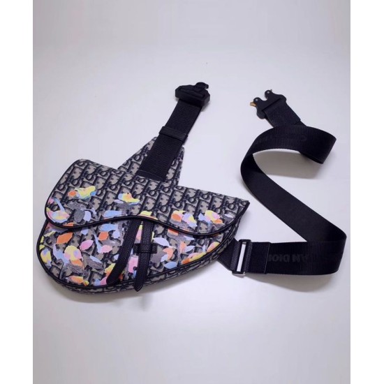 Fake Christian Dior Oblique Jacquard And Alex Foxton Print Saddle Bag Dark Blue Replica