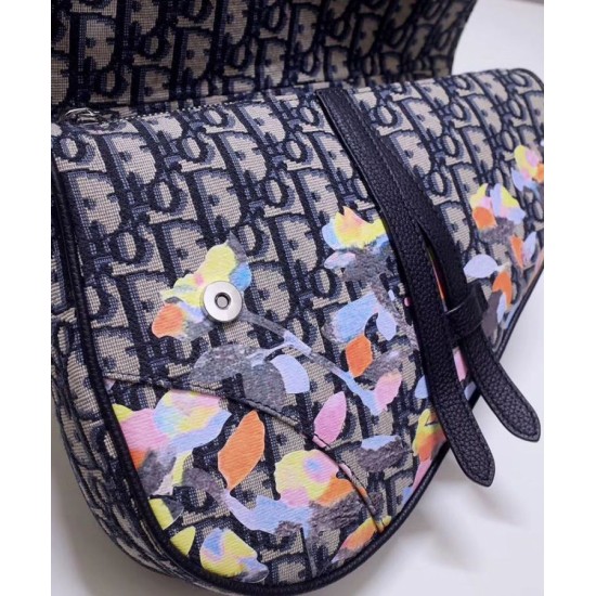 Fake Christian Dior Oblique Jacquard And Alex Foxton Print Saddle Bag Dark Blue Replica