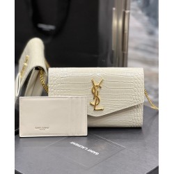 Replica YSL Saint Laurent Uptown Chain Wallet In Crocodile-Embossed Shiny Leather White