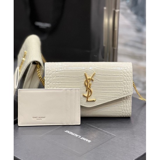 Replica YSL Saint Laurent Uptown Chain Wallet In Crocodile-Embossed Shiny Leather White