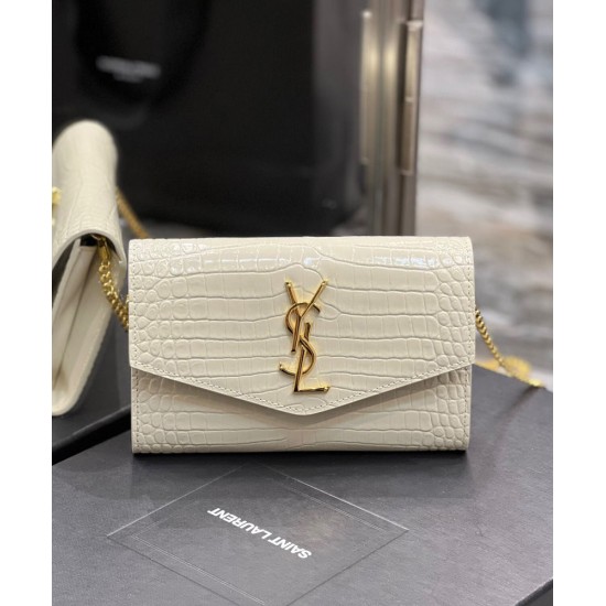 Replica YSL Saint Laurent Uptown Chain Wallet In Crocodile-Embossed Shiny Leather White